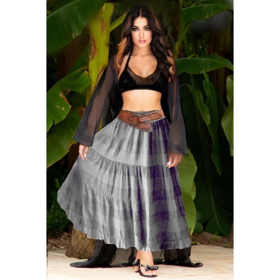 Maxi Skirt Elastic Waist Tiered Boho Gypsy Skirt Plain Colors   A603gray 