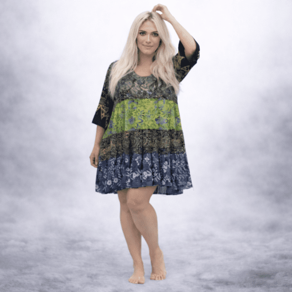 Purple Baby Doll, Empire Tiers Batik Combination, Boho Short Mini Dress, W9430, Made to Order Lime Gray 5X