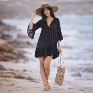 Black Sundress Short Dress Boho Mini Dress/Top Beach Cover Up Tassel Tie 5X Black