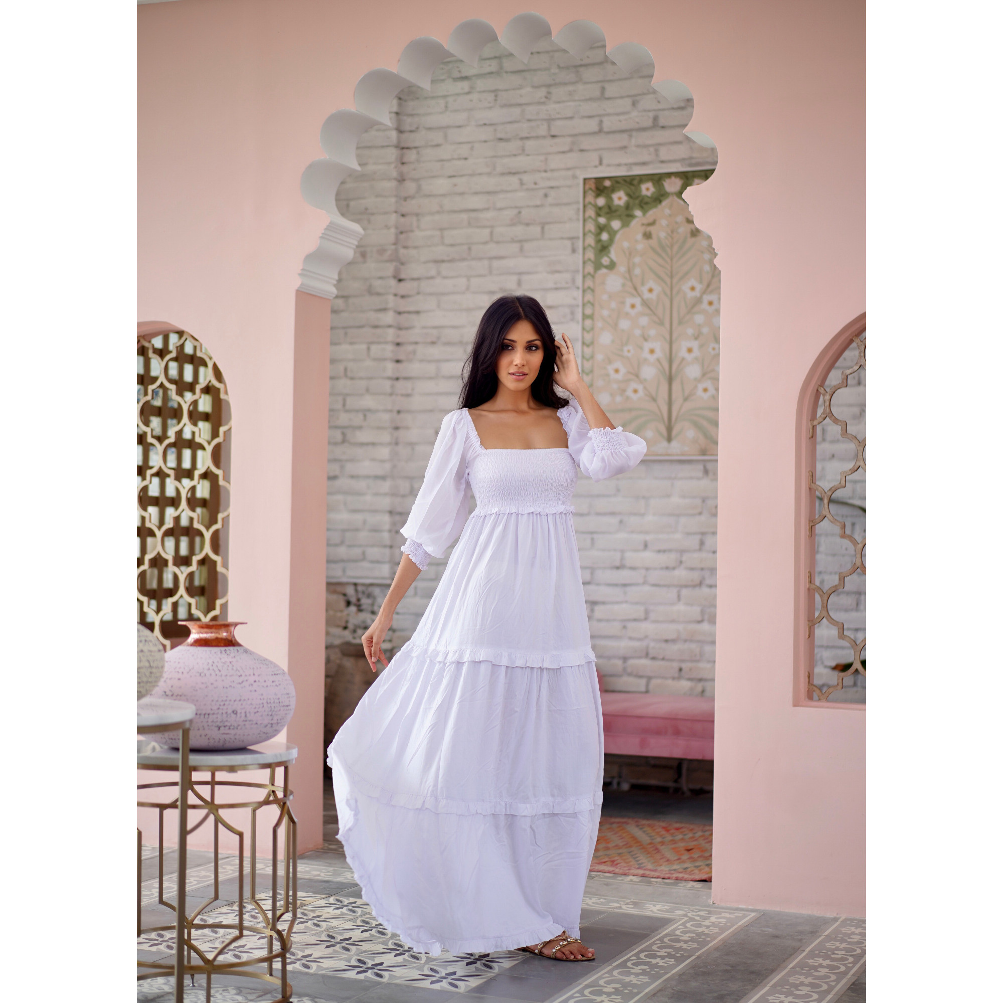 White Chiffon Hi Lo Empire Waist Dress – Mystique-Online