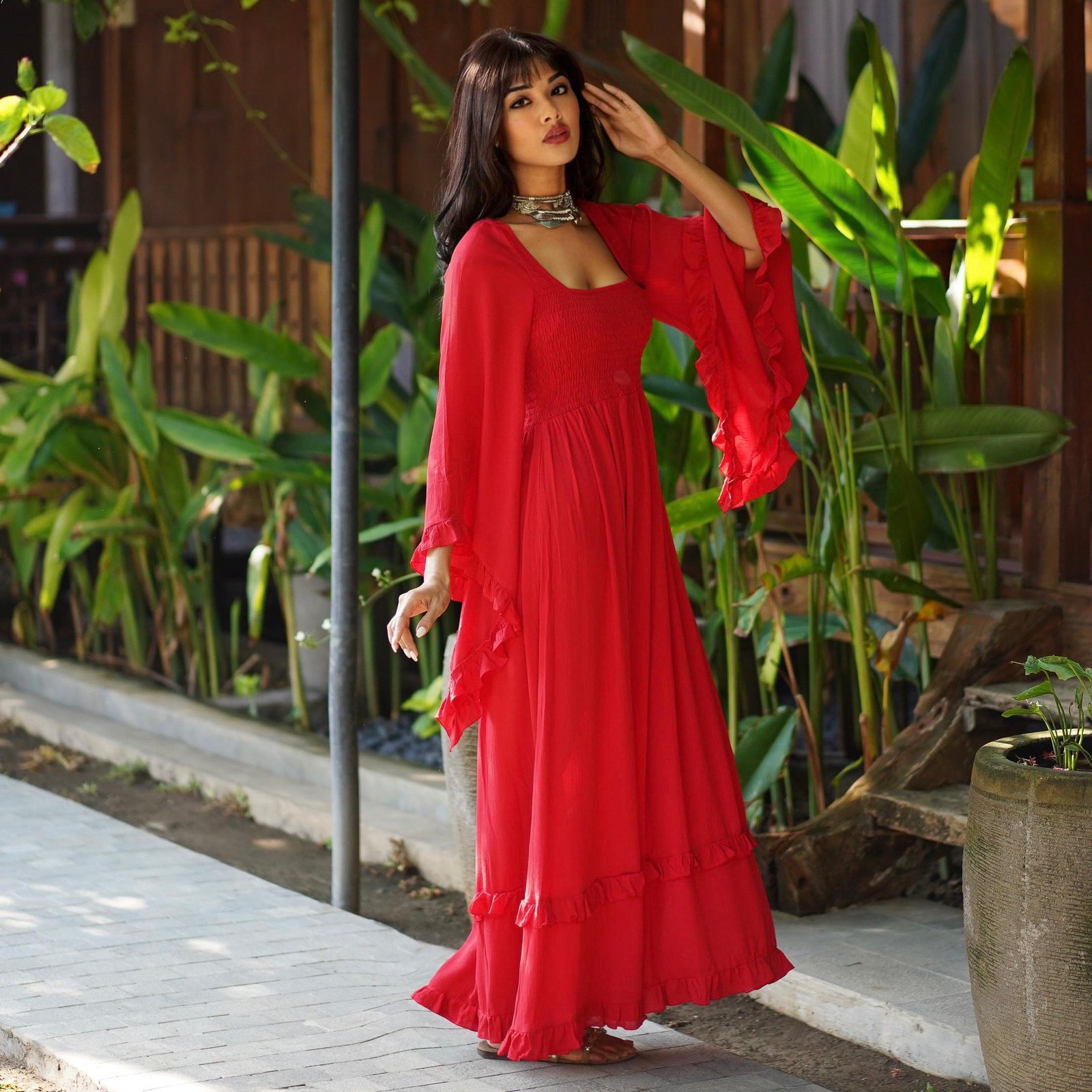 bell sleeve maxi dress Long Sleeves Gown #1394 styled with heels and statement jewelry for an elegant occasion or paired with boots and a shawl for a cozy 12th Tone - Bell-Sleeve Floral