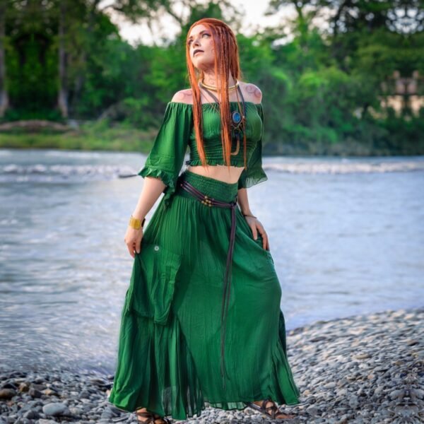 green pagan dress Set Skirt & Blouse, Renaissance Fashion, Wiccan Outift, Cosplay Pockets, Elasticized Bodice, Bell Sleeves, E202, LotusTraders Made to Ord traditional pagan clothing